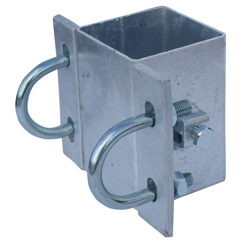 Fastening bracket with Ø 49 mm U-bolts for square 80 x 80 mm post Fastening bracket with Ø 49 mm U-bolts for square 80 x 80 mm post