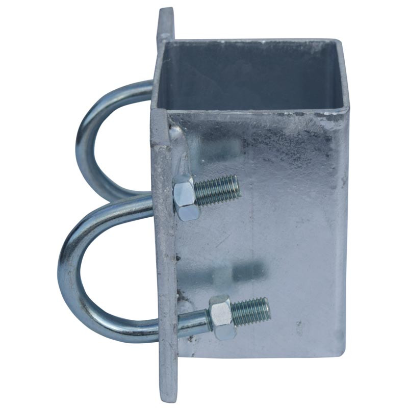 Fastening bracket with Ø 49 mm U-bolts for square 80 x 80 mm post Fastening bracket with Ø 49 mm U-bolts for square 80 x 80 mm post