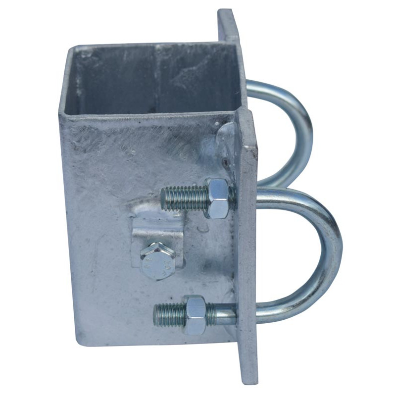 Fastening bracket with Ø 49 mm U-bolts for square 80 x 80 mm post Fastening bracket with Ø 49 mm U-bolts for square 80 x 80 mm post