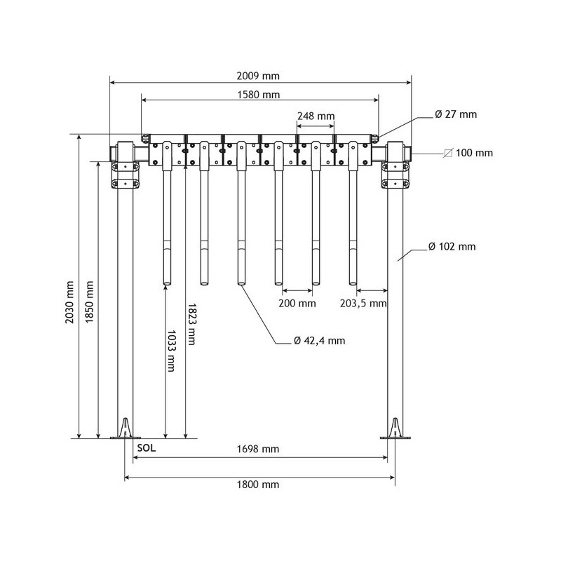 Finger gate unit with Ø 102 mm post on a mounting plate Finger gate unit with Ø 102 mm post on a mounting plate